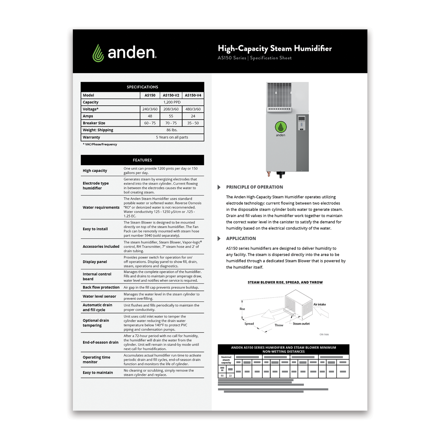 Anden AS150 Series Humidifier Spec Sheet - Form #6585